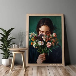 Emerald Green Abstract Female Portrait Print. Woman With Flowers ...