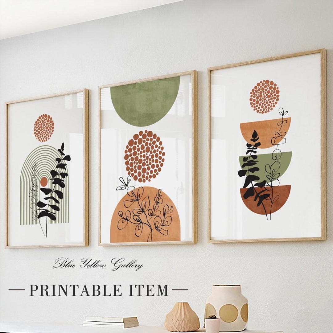 Terracotta Green Mid Century Modern Wall Art Set of 3 Prints. Bohemian ...