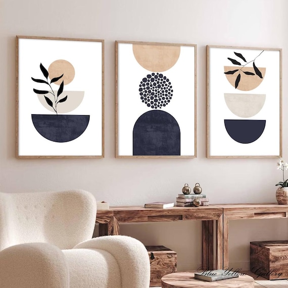 Printable Navy Blue Beige Mid Century Modern Wall Art Set of 3