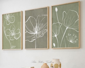 Sage Green Botanical Wall Art Set of 3, Minimalist Line Flower Prints, Neutral Scandinavian Posters for Modern Nature Home Decor
