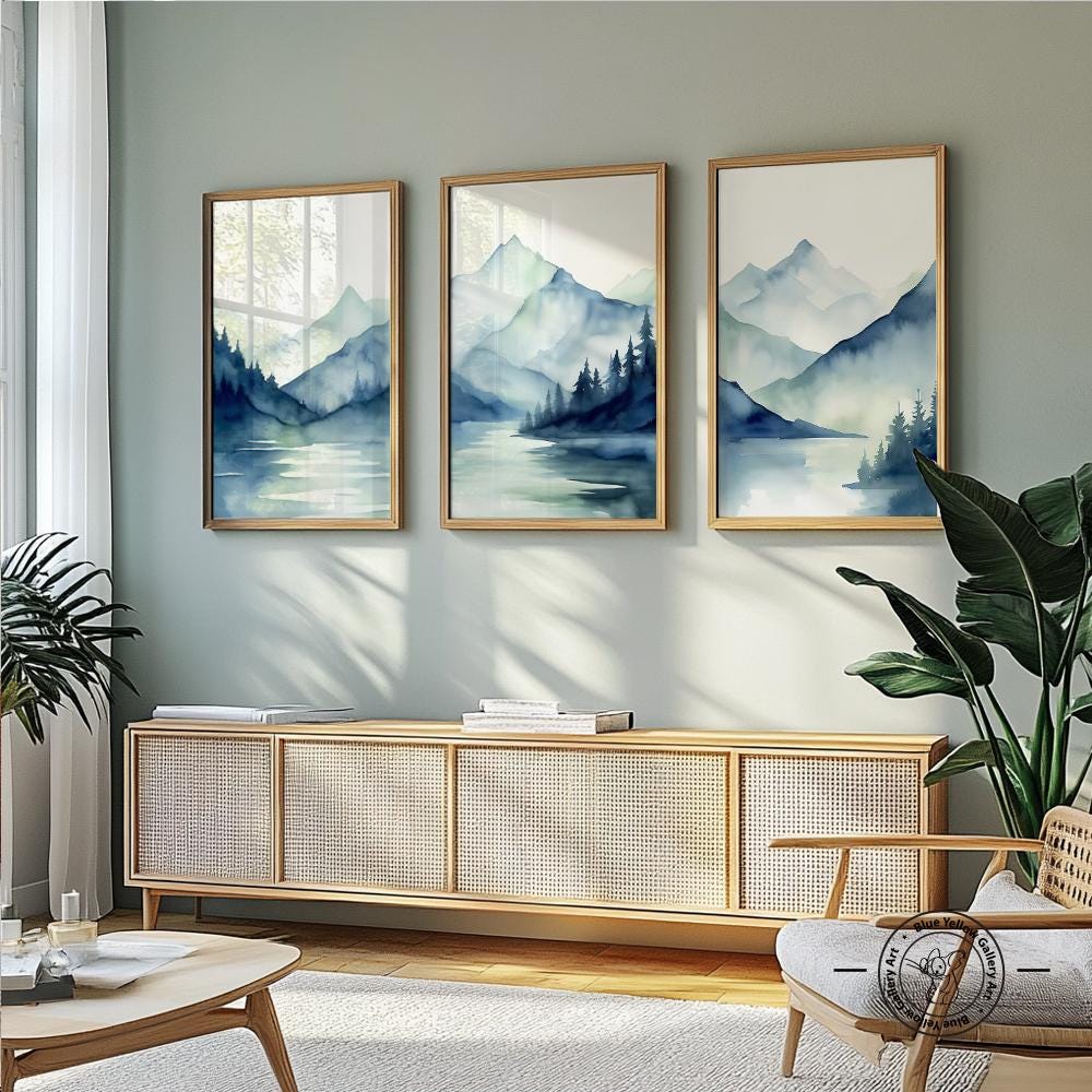 Navy Blue Abstract Mountains Print Set of 3 Prints. Mid Century Modern ...