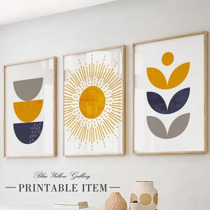 Blue yellow gray abstract mid century modern wall art set of 3 prints. Bohemian Wall Art, colorful livingroom, bedroom boho gallery wall set