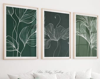 Smaragdgroene botanische muurkunst set van 3, minimalistische abstracte bladafdrukken, moderne boho tropische posters, bloemen wanddecoratie
