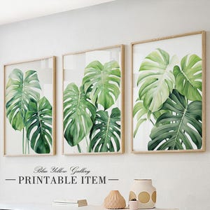Tropical wall art set of 3 prints. Botanical printable greenery leaves gallery wall art prints. Modern nature wall art set, home wall decor