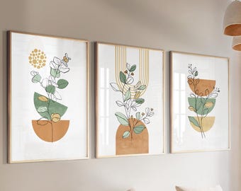 Neutral sage green terracotta boho set of 3 print. Mid century modern room decor, aesthetic boho plant gallery wall set, home gift
