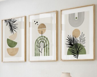 Neutral green beige modern boho printable art set of 3 prints. Mid century modern wall art, room decor aesthetic boho gallery wall set