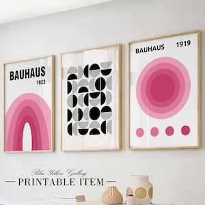 Bauhaus poster set of 3. Mid century modern printable Bauhaus print, exhibition posters, pink abstract art, aesthetic room decor