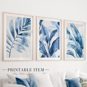 Set of 3 Tropical Leaves Printable Art, Blue Botanical Prints, Abstract Palm leaf Posters, Modern Wall Decor for Living Room or Bedroom