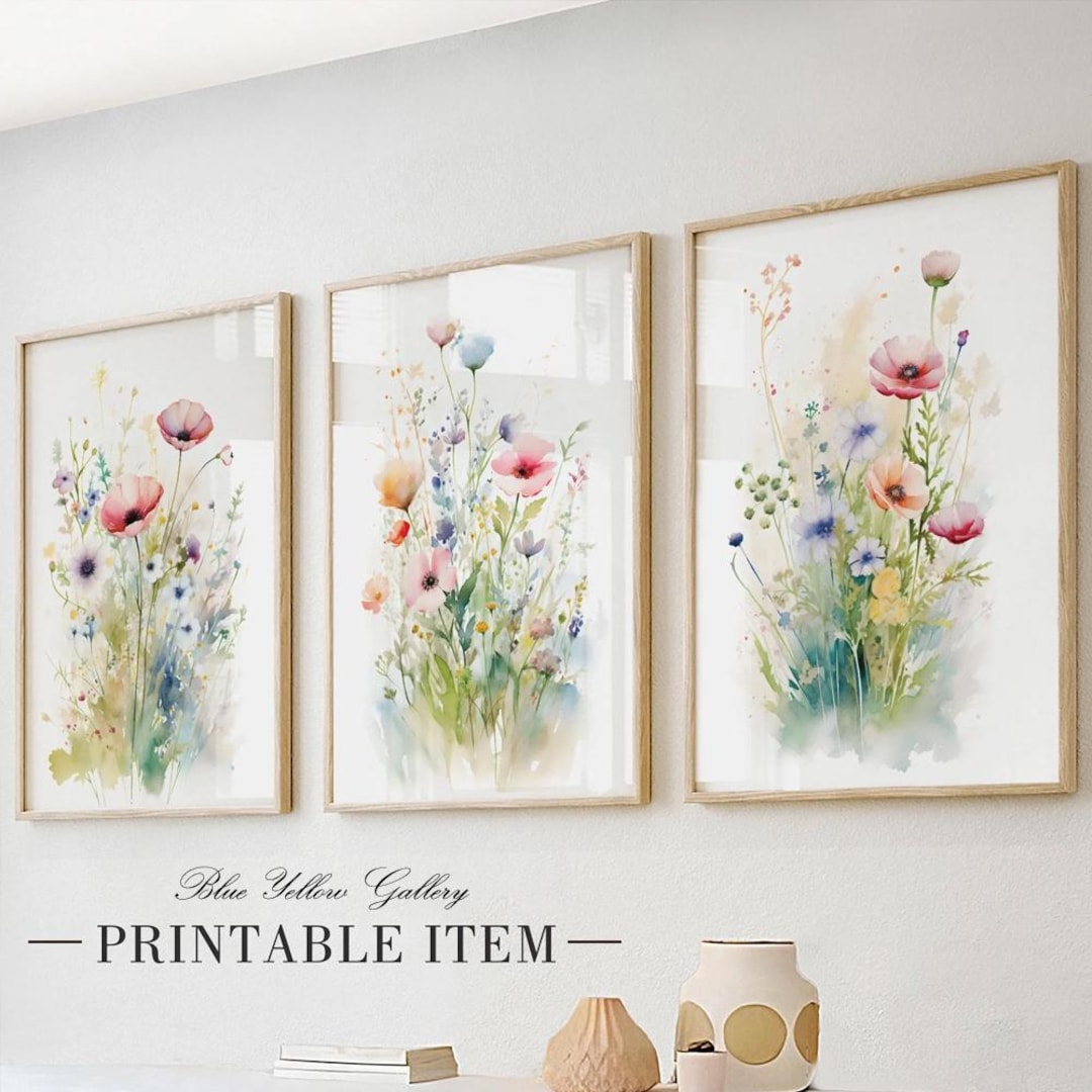 Pastel Wild Flowers Wall Art Set of 3 Print, Meadow Flowers Boho Art ...