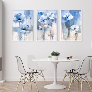 Blue Flowers Gallery Wall Set of 3 Prints. Floral Minimalist Botanical ...