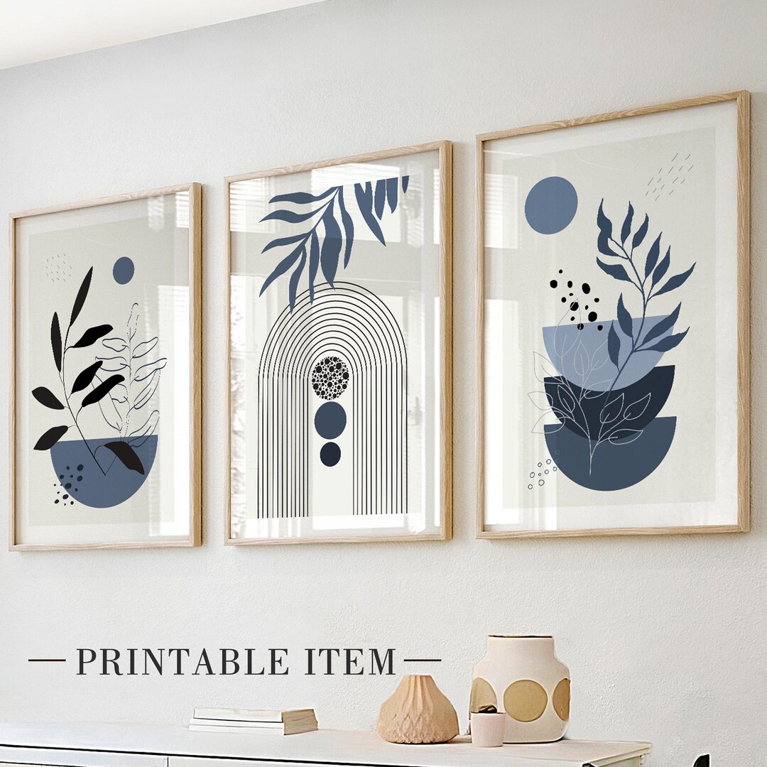 Navy Blue Mid Century Modern Wall Art Set of 3 Print. Bohemian ...
