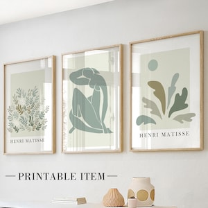 Sage green Matisse printable set of 3. Neutral minimalist mid century printable gallery wall set, vintage aesthetic room decor