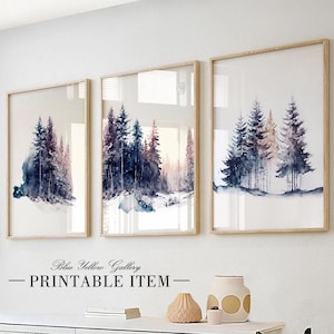 Printable deep blue nordic pine forest set of 3.  Modern watercolor abstract mountains pine trees prints