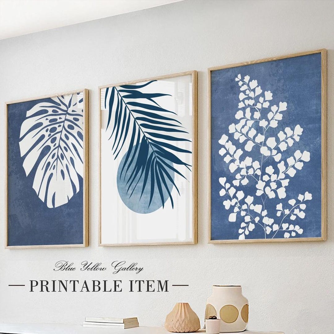Navy Blue Tropical Palm Leaves Printable Art Set of 3 Prints. Mid ...