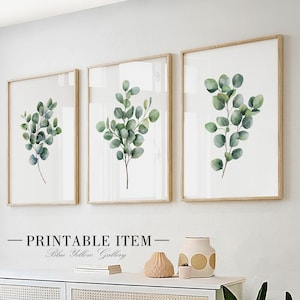 Eucalyptus Wall Art Set of 3 Print, Green Botanical Printable Art, Minimalist Watercolor Plant Poster Set, Modern Nature-Inspired Home Decor