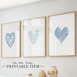 Blue Bedroom printable art set of 3, Minimalist Heart wall art, Love Bedroom Print, Neutral above bed decor, couple print. Valentines decor.