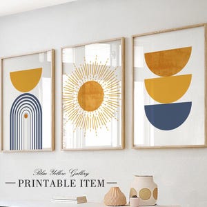 Set stampabile di 3 stampe murali astratte blu e gialle di metà secolo, stile moderno. Boho Wall Art, set da parete con galleria geometrica digitale da scaricare.