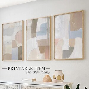 Zestaw 3 neutralnych, minimalistycznych, abstrakcyjnych grafik ściennych do druku. Pastelowo-beżowy zestaw ścienny do galerii. Dekoracja ścienna w stylu japońskim, beżowa grafika ścienna, beżowy nadruk ścienny.