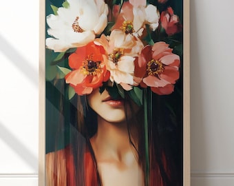 Emerald Green Woman with Flowers Print, Female Portrait Art, Floral Eclectic Prints, Boho Figurative Poster, Abstract People Art Decor