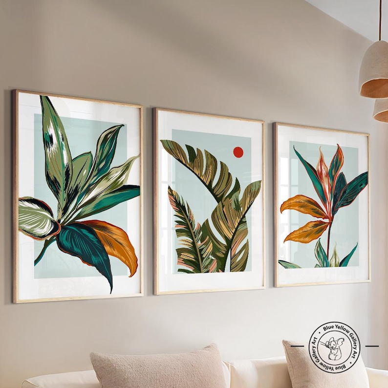 Colorful Blue Botanical Wall Art Set of 3 Prints. Modern Tropical ...