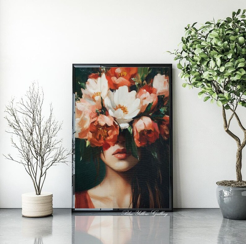 Emerald Green Woman With Flowers Print, Floral Female Wall Art ...