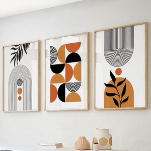 Black orange abstract boho set of 3 print. Mid sentury modern minimalist bohemian gallery wall set, above bed decor, livingroom art