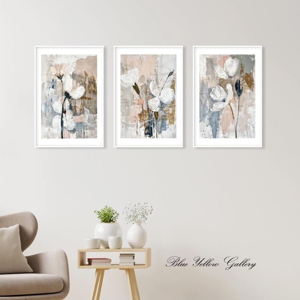 Neutral Abstract Flowers Wall Art Set of 3 Prints. Modern Minimalist ...