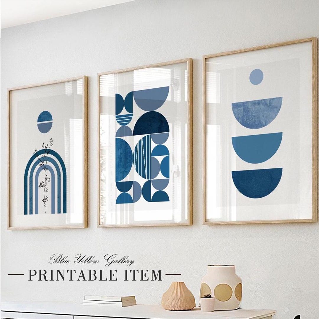 Printable Blue Wall Art Set of 3. Modern Boho Wall Art, Geometric Mid ...