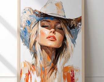 Arte abstrata de vaqueira para parede, estampa moderna de mulher do Oeste americano. Arte figurativa de vaqueira costeira, decoração rústica de fazenda, estampa de arte do Oeste americano.