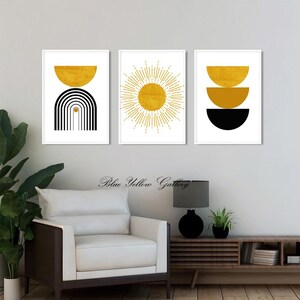Mid Century Modern Abstract Wall Art Set, Black Mustard Yellow Prints ...