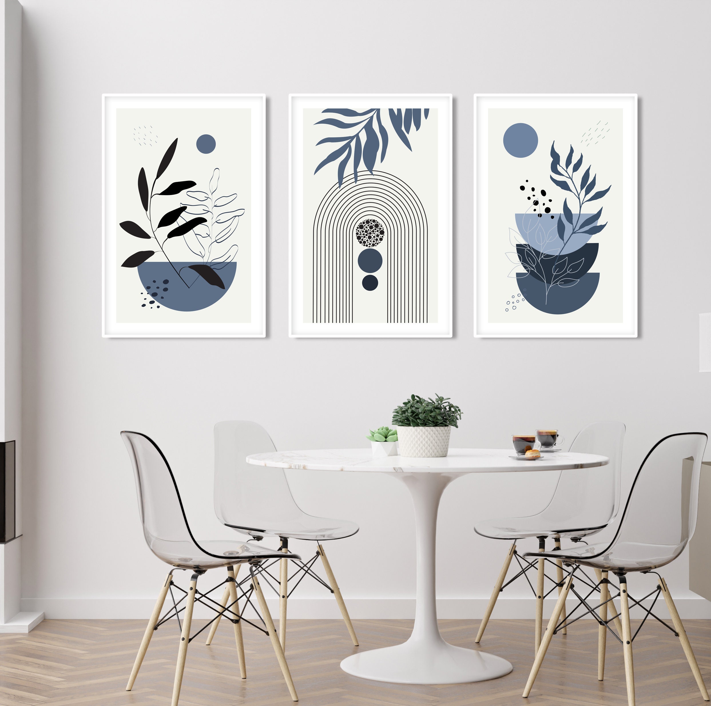 Navy Blue Mid Century Modern Wall Art Set of 3 Print. Bohemian - Etsy