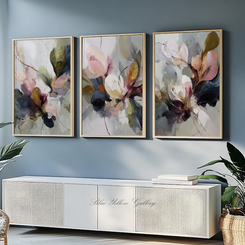 Large botanical art prints with textured paint-like details