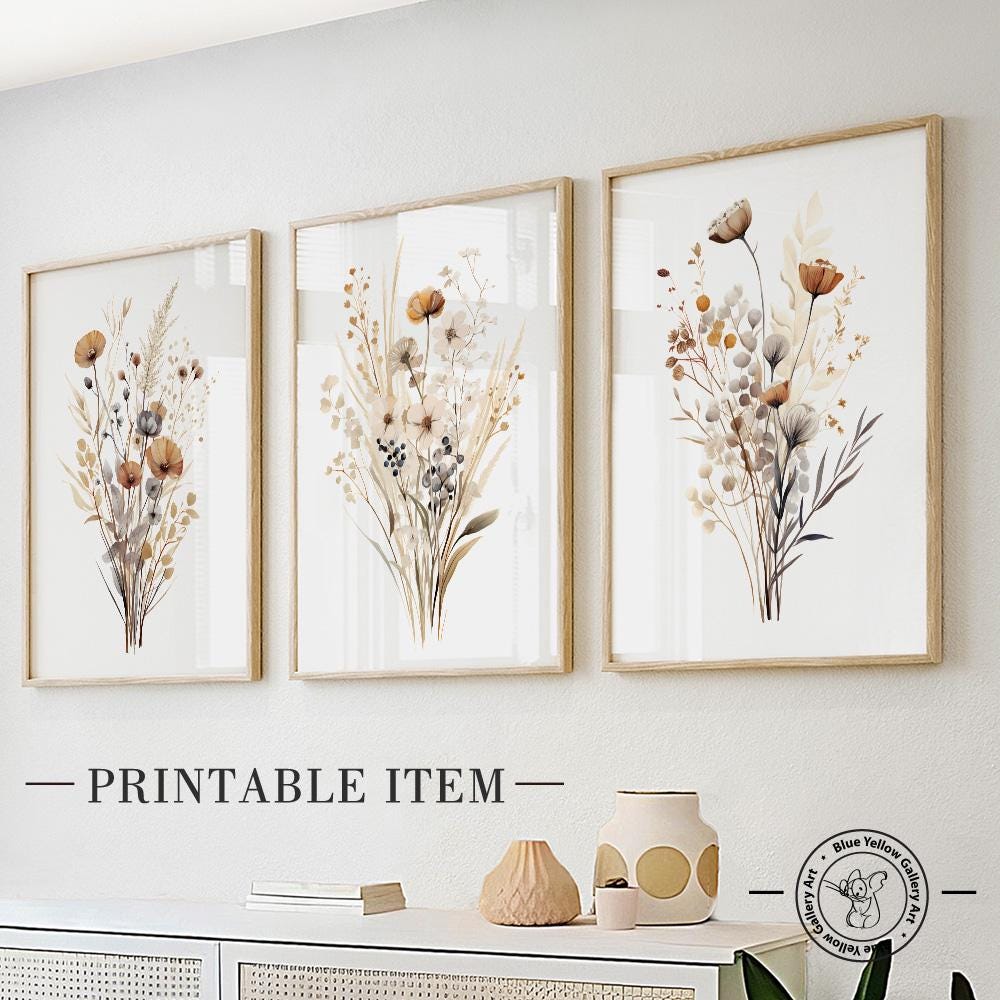 Neutral boho wild flowers wall art set of 3 print, watercolor botanical farmhouse art. Floral printable gallery wall set, meadow flowers art