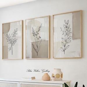 Neutrales abstraktes Wandkunst 3er-Set - Minimalistische beige Prints, pastell Boho Floral Pinselstriche Poster, extragroße Galerie-Wanddekoration