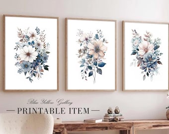 Neutral blue floral printable art set of 3 prints. Abstract watercolor farmhouse flowers gallery wall set, room decor aesthetic minimalist