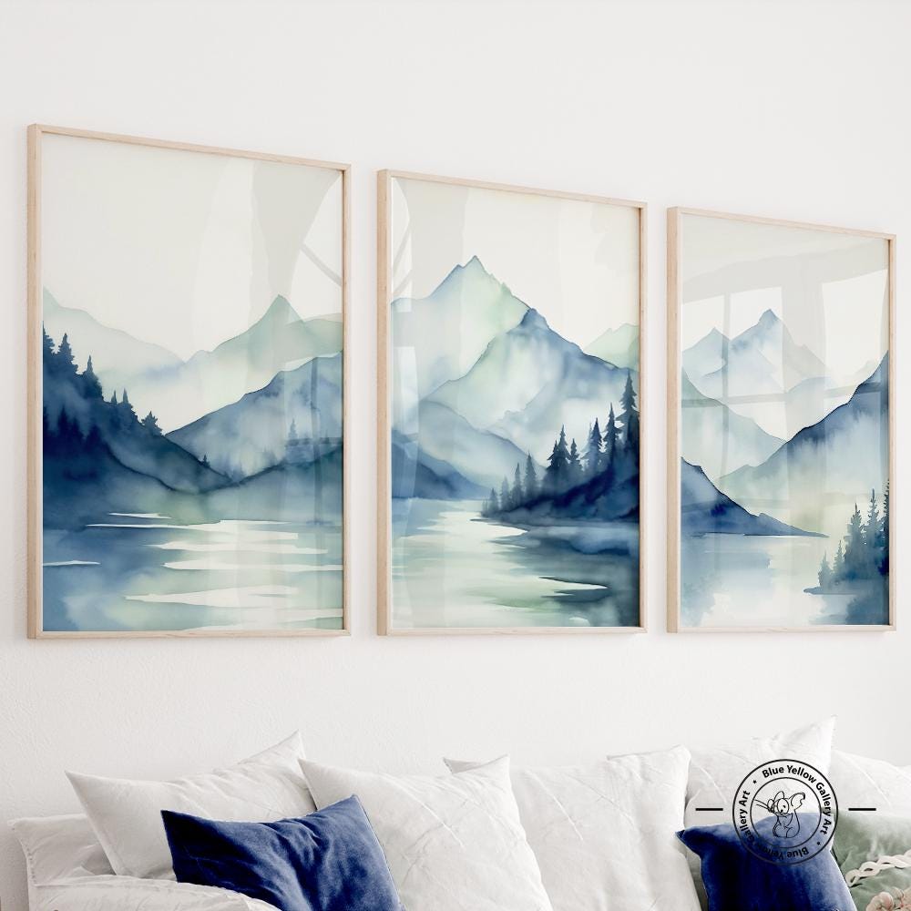 Navy Blue Abstract Mountains Print Set of 3 Prints. Mid Century Modern ...