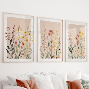 Neutral Floral Wall Art Set of 3 Prints, Beige Wildflower Botanical Posters, Farmhouse Boho Wall Art, Modern Botanical Gallery Wall Set