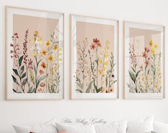 Neutral Floral Wall Art Set of 3 Prints, Beige Wildflower Botanical Posters, Farmhouse Boho Wall Art, Modern Botanical Gallery Wall Set