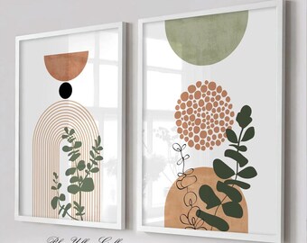 Juego de 2 láminas de arte mural moderno de mediados de siglo en verde terracota. Póster botánico bohemio. Conjunto de galería grande de plantas abstractas bohemias.