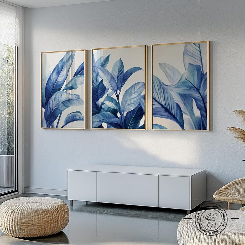 Navy Blue Tropical Leaves Set of 3 Prints. Modern Botanical Wall Art ...