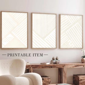 Geometric abstract neutral nordic printable art set of 3. Pastel beige white modern minimalist line art prints. Japandi wall decor
