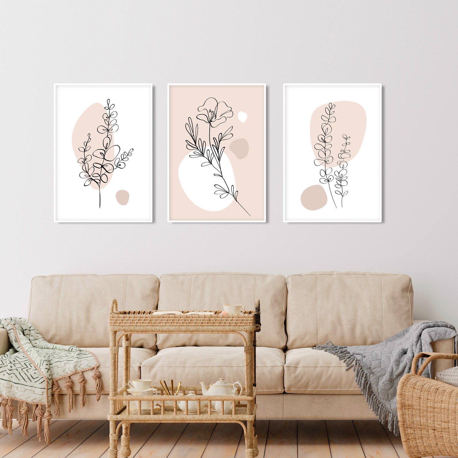 Neutral Abstract Botanical Wall Art Set of 3 Prints. Beige Boho Floral ...