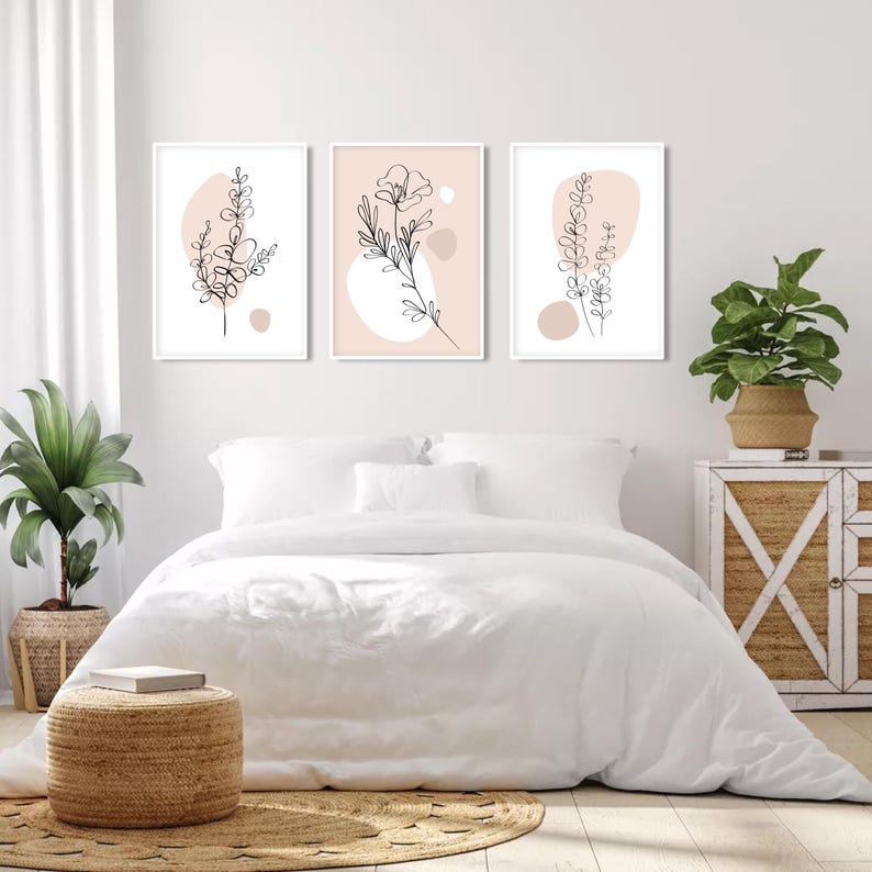 Neutral Abstract Botanical Wall Art Set of 3 Prints. Beige Boho Floral ...
