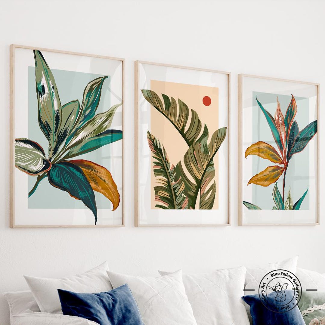 Colorful Botanical Wall Art Set of 3 Prints. Modern Tropical Leaves ...
