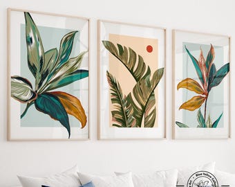 Colorful botanical wall art set of 3 prints. Modern tropical leaves gallery wall art prints. Bright botanical wall art set