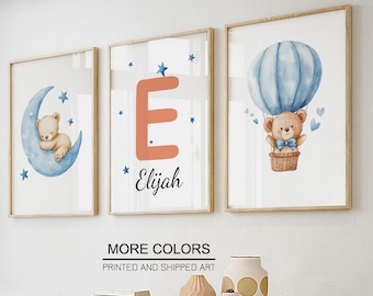 Personalized Teddy bear nursery decor set of 3 prints. Baby name nursery wall art.