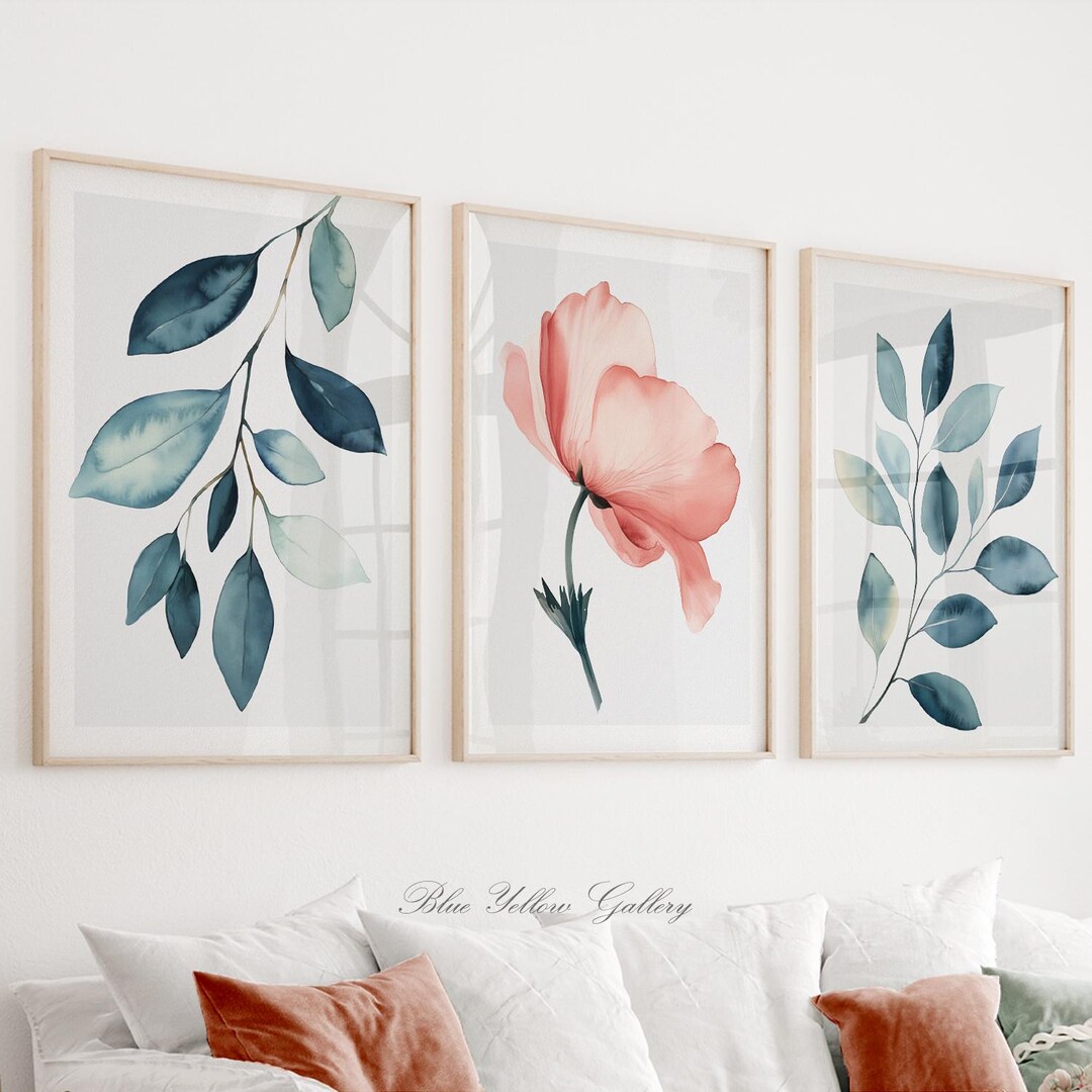Botanical Wall Art Set of 3 Print. Floral Minimalist Pink & Green Wall ...