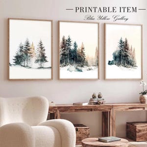 Printable abstract nordic pine forest landscape set of 3.  Watercolor three piece modern mountains pine trees abstract prints