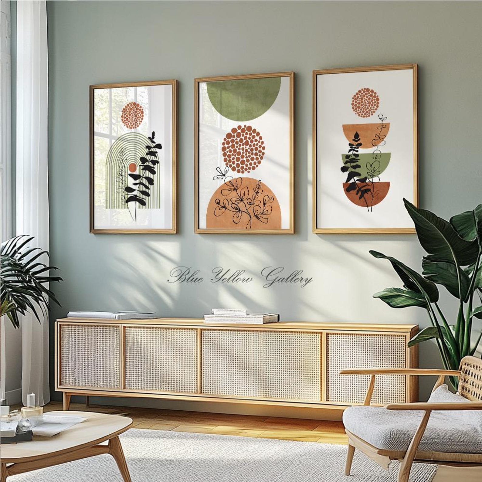Terracotta Green Mid Century Modern Wall Art Set of 3 Prints. Bohemian ...