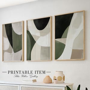 May include: Three abstract art prints in wooden frames with a green, black, and white color scheme. The prints are hung on a white wall above a wooden shelf with decorative items.